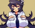  black_hair breast_suppress breasts extra_mouth filia_(skullgirls) huge_breasts impossible_clothes impossible_shirt long_hair necktie prehensile_hair red_eyes samson_(skullgirls) shirt skullgirls solo thighhighs wasabi_(umiumicat) 