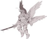  armor avian flying monochrome solo sword weapon wings yolk yolk_(artist) 
