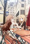  blonde_hair blue_eyes blush brown_hair chair closed_eyes feeding food german glasses long_hair multiple_girls open_mouth original pasta plate sitting skirt spaghetti table tokunou_shoutarou 