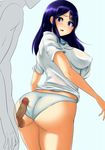  1boy 1girl ass assjob blue_hair blush butt_cheek buttjob huge_ass humping looking_back panties penis rubbing uncensored underwear 