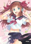  :d beamed_eighth_notes brown_hair cd cd_case eighth_note green_eyes hair_ribbon hands_on_headphones headphones long_hair midriff musical_note navel open_mouth original pleated_skirt record ribbon school_uniform serafuku skirt smile solo t-okada two_side_up 
