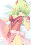  breasts chiki cleavage fire_emblem fire_emblem:_kakusei garter_straps gloves green_eyes green_hair hair_ornament kourourin light_smile long_hair looking_at_viewer lying mamkute medium_breasts naughty_face on_back pink_legwear pointy_ears ribbon solo thighhighs 