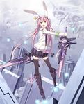  animal_hood armband belt black_legwear boots building bunny_hood chainsaw dual_wielding highres holding hood hoodie lock long_hair open_mouth original padlock poco_(asahi_age) purple_hair red_eyes reverse_grip skeleton skirt solo thighhighs zipper 