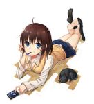  ahoge barefoot black_cat black_legwear blue_eyes bonnzinnak brown_hair cat cellphone feet looking_at_viewer lying mouth_hold on_stomach original phone pleated_skirt school_uniform short_hair skirt smartphone smile sock_dangle socks solo stylus sweater_vest vest white_background 