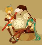  :q blonde_hair bowl chocolate food garter_straps green_eyes green_hair hair_ornament hairclip hatsune_miku highres in_bowl in_container in_food kagamine_rin long_hair lunya midriff minigirl multiple_girls one_eye_closed sailor_collar short_hair shorts sleeves_past_wrists thighhighs tongue tongue_out twintails very_long_hair vocaloid 