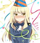  black_okojo blonde_hair blush confetti glasses hat long_hair military military_uniform party_hat perrine_h_clostermann solo strike_witches uniform wavy_mouth world_witches_series yellow_eyes 