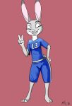  2016 3_toes 4_fingers brokeguy21 clothed clothing disney eyelashes eyes_closed female fur grey_fur hand_on_hip happy hi_res judy_hopps lagomorph mammal pink_nose rabbit red_background shorts simple_background small_tail smile soccer_uniform solo standing toes v_sign zootopia 