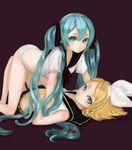  aqua_hair blonde_hair blue_eyes blush bottle_miku bottle_rin hatsune_miku highres kagamine_rin liquid_hair long_hair lying multiple_girls no_pants panties school_uniform serafuku short_hair smile striped striped_panties twintails underwear very_long_hair vocaloid wen6_(vongola6) yuri 