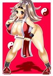  1girl breasts brown_eyes brown_hair fan fatal_fury highres huge_breasts king_of_fighters ponytail shiranui_mai snk tototototokei yin_yang 