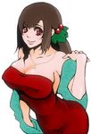  1girl bare_shoulders blush breasts brown_hair christmas cleavage dress erect_nipples female final_fantasy final_fantasy_vii hair_bobbles hair_ornament holly jewelry large_breasts necklace pixiv_manga_sample red_eyes scarf smile solo strapless strapless_dress tayu tayuho tifa_lockhart 