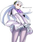  blush bow capcom_fighting_jam gloves hairpods highres ingrid long_hair looking_at_viewer panties panties_under_pantyhose pantyhose purple_legwear simple_background solo tetsu_(kimuchi) underwear very_long_hair white_background white_hair 