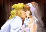  1girl bare_shoulders bartholomew_fatima blonde_hair bouquet braid bridal_veil brown_hair closed_eyes couple dress eyepatch flower formal gloves hair_flower hair_ornament hetero husband_and_wife imminent_kiss marguerite_fatima rose ryukia short_hair suit veil wedding wedding_dress white_gloves white_suit xenogears 