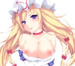  bare_shoulders blonde_hair blush bow breast_squeeze breasts choker hair_bow hat kabata_(mechisan) large_breasts long_hair looking_at_viewer nipples purple_eyes simple_background solo touhou upper_body white_background yakumo_yukari 
