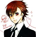  brown_hair dress_shirt female_protagonist_(persona_3) genderswap genderswap_(ftm) hair_ornament hairclip heart heart_of_string male_focus okitdo open_mouth persona persona_3 persona_3_portable red_eyes school_uniform shirt smile solo sparkle upper_body 