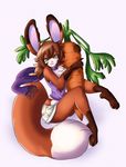  brown_hair canine carrot clothing female fox green_eyes hair lagomorph mammal pink_nose plain_background rabbit scarf shirt shorts solo top unicornblue 