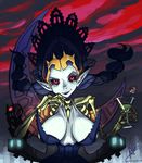  alex_ahad black_lipstick black_sclera blue_skin breasts crown dress elf large_breasts lipstick makeup odette_(odin_sphere) odin_sphere pointy_ears red_eyes ribs skeleton smile solo 