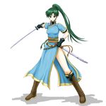  belt boots breasts earrings fingerless_gloves fire_emblem fire_emblem:_rekka_no_ken gloves green_eyes green_hair high_ponytail highres jewelry katana kitaokasensei long_hair lyndis_(fire_emblem) ponytail sheath side_slit smile solo sword weapon 