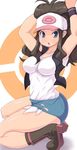  1girl arms_up baseball_cap blue_eyes blush boots breasts brown_hair hat kihaiu kneeling long_hair open_mouth pokemon pokemon_(game) pokemon_bw short_shorts shorts simple_background touko_(pokemon) vest white_background wristband 