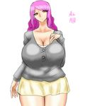  1girl breasts brown_eyes cleavage female huge_breasts jewelry milf miniskirt original purple_hair ring shirt short_skirt simple_background skirt solo standing thighs wedding_ring white_background wiz-coolhait 