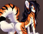  black_nose blue_eyes breasts canine dog female hair hanging_breasts leona long_hair looking_at_viewer mammal nude plain_background raised_tail solo tiger_stripes unicornblue 