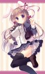  animal_ears bag black_legwear blush bow braid breasts brown_hair bunny_ears bunny_tail hair_bow juliet_sleeves long_hair long_sleeves looking_at_viewer medium_breasts original panties pantyshot puffy_sleeves red_eyes school_bag school_uniform skirt solo striped striped_panties tail thighhighs underwear yukie_(peach_candy) 