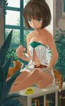  bangs bare_shoulders blue_eyes blunt_bangs brown_hair cat curry food light_smile original panties sitting smile solo spoon toro_(konirio) underwear 