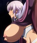  blush breasts gladys_von_walkenheim highres huge_breasts kyonyuu_fantasy nipples purple_hair red_eyes stitched waffle 