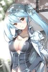 bangs blue_hair breasts cleavage jacket kuro_(kuronell) large_breasts long_hair lowres luthica_preventer open_clothes open_shirt red_eyes shirt sword_girls twintails 