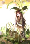  bad_id bad_pixiv_id braid brown_hair dress leaf long_hair open_mouth original purple_eyes sitting smile solo xiao_guiling 