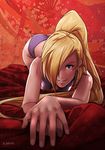  all_fours ass bed_sheet blonde_hair blue_eyes breasts earrings hair_over_one_eye hanging_breasts jewelry long_hair looking_at_viewer medium_breasts naruto naruto_(series) naruto_shippuuden sbel02 smile solo underwear underwear_only yamanaka_ino 