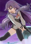  bad_id bad_pixiv_id black_legwear gun handgun highres kuroki_rei long_hair national_shin_ooshima_school_uniform night open_mouth panikuru_yuuto pistol purple_eyes purple_hair scarf school_uniform short_shorts shorts solo tears thighhighs vividred_operation weapon 