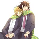  brown_hair caesar_anthonio_zeppeli facial_mark formal holding_hands jojo_no_kimyou_na_bouken joseph_joestar_(young) md5_mismatch multiple_boys necktie scarf sleeping striped striped_scarf suit yuzuru_(xxelysionxx) 