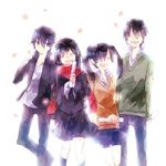  2girls bad_id bad_pixiv_id black_hair bloom closed_eyes enomoto_takane good_end hair_ornament hairclip haruu_shun headphone_actor_(vocaloid) kagerou_project kisaragi_shintarou kokonose_haruka long_hair multiple_boys multiple_girls red_scarf scarf school_uniform short_hair simple_background skirt smile tateyama_ayano toumei_answer_(vocaloid) twintails white_background 