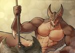  aman amani anthro axe biceps blush brown_skin flexing frown guppo horn looking_at_viewer lying male muscles nude on_side pecs pose scales solo tera_online toned unknown_species weapon yellow_eyes 