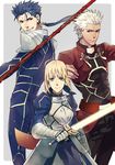  2boys ahoge archer armor armored_dress artoria_pendragon_(all) bad_id bad_pixiv_id blonde_hair blue_hair dress excalibur fate/stay_night fate_(series) gae_bolg gauntlets glowing glowing_sword glowing_weapon green_eyes lancer long_hair multiple_boys polearm ponytail red_eyes saber spear sukumaraku sword weapon white_hair 