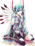  blue_eyes blue_hair boots chelsea179 detached_sleeves hatsune_miku highres long_hair necktie sitting solo thigh_boots thighhighs vocaloid wariza wings wire 