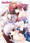  angel_beats! arino_hiroshi black_eyes green_eyes gun long_hair multiple_girls off_shoulder pink_hair school_uniform serafuku short_hair tenshi_(angel_beats!) thighhighs weapon white_hair yuri_(angel_beats!) 