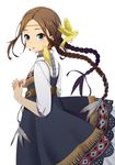  ainu_clothes animal animal_on_shoulder bird bird_on_shoulder blue_eyes braid brown_hair dress earrings feathers from_side hair_ribbon headband jewelry long_hair looking_at_viewer looking_to_the_side mattaku_mousuke original parted_lips ribbon ribbon_braid simple_background solo twin_braids twintails white_background 
