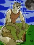 battle boby clothed clothing color drawing grass male outside sitting solo white 