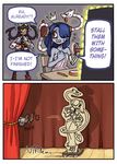  2koma applying_makeup blue_hair blue_skin cardboard comic cutout emlan english filia_(skullgirls) hair_over_one_eye highres leviathan_(skullgirls) multiple_girls naked_towel non-web_source red_eyes samson_(skullgirls) skullgirls squigly_(skullgirls) stitched_mouth stitches towel watch wrist_cuffs wristwatch zombie 