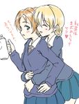  blonde_hair blue_eyes blue_skirt blue_sweater blush braid darjeeling dress_shirt girls_und_panzer hug hug_from_behind long_sleeves miniskirt multiple_girls necktie no_legwear orange_hair orange_pekoe pleated_skirt school_uniform shirt short_hair skirt smile st._gloriana's_school_uniform sweater tied_hair translated v-neck white_shirt yukihalbert 