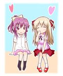  :d ^_^ az!_(azu) black_legwear blonde_hair bow child clenched_hand closed_eyes hair_bow mary_janes multiple_girls open_mouth purple_eyes purple_hair shoes sitting skirt smile socks sugiura_ayano toshinou_kyouko white_legwear younger yuru_yuri 