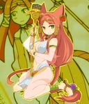  animal_ears breasts character_request cleavage covered_nipples detached_sleeves eyebrows green_eyes hair_tubes highres jewelry kaiten_muten-maru large_breasts long_hair looking_at_viewer mota navel pendant red_hair sandals sitting solo staff thick_eyebrows very_long_hair wariza 