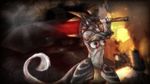  abstract_background breasts charr feline female guild_wars loincloth looking_at_viewer mammal nipple_piercing nipples piercing red_eyes solo sword velociawesome video_games weapon 
