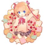  ahoge blue_eyes blush bow cherry cookie food fruit hair_bow hair_ornament kamikita_komari little_busters! long_sleeves open_mouth orange_hair outstretched_arms pink_bow short_hair solo star sweater yuge_sasatarou 
