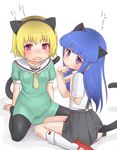  animal_ears black_legwear blonde_hair blue_hair blush cat_ears cat_tail fang furude_rika green_skirt highres higurashi_no_naku_koro_ni houjou_satoko long_hair mary_janes multiple_girls open_mouth pantyhose paw_pose purple_eyes red_eyes satou_yuu school_uniform shoes short_hair short_sleeves sitting skirt socks suspenders tail wariza white_background 