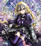  armor armored_dress blonde_hair braid capelet dress fate/apocrypha fate/zero fate_(series) flower gauntlets headpiece jeanne_d'arc_(fate) jeanne_d'arc_(fate)_(all) lily_(flower) long_hair manbosakuranbo purple_eyes single_braid solo stained_glass thighhighs very_long_hair 