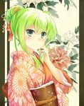 aa-rance alternate_hairstyle arm_at_side bad_id bad_pixiv_id bangs beads bell blush closed_mouth comb eyebrows_visible_through_hair flat_chest floral_background floral_print flower green_eyes green_hair hair_bun hair_ornament hair_stick hair_up highres holding holding_hair japanese_clothes jingle_bell kimono kochiya_sanae long_hair looking_at_viewer obi outside_border pillarboxed print_kimono red_kimono sash sidelocks smile snake_hair_ornament touhou upper_body wide_sleeves 