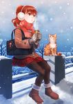  bag boots brown_eyes cat coffee cup earmuffs gloves highres jacket long_hair original pantyhose plaid plaid_skirt ponytail red_hair red_scarf scarf school_bag skirt sky smile snow solo soujirou tree winter 