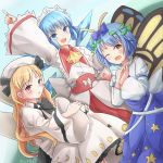  3girls :o antennae arm_above_head black_bow black_neckwear blonde_hair blue_bow blue_dress blue_eyes blue_hair blue_sky bow butterfly_wings chinese_commentary cirno clownpiece commentary_request cosplay cowboy_shot cravat day dress dutch_angle eternity_larva eyebrows_visible_through_hair hair_bow hands_on_own_knees hands_together hat hat_ribbon headdress highres index_finger_raised juliet_sleeves layered_dress leaf leaf_on_head long_hair long_sleeves looking_at_viewer luna_child luna_child_(cosplay) moon_phases moon_print multiple_girls neck_ribbon obi one_eye_closed open_mouth outdoors puffy_sleeves red_eyes ribbon sash short_hair sitting sky standing star star_print star_sapphire star_sapphire_(cosplay) sunny_milk sunny_milk_(cosplay) touhou twitter_username upper_teeth very_long_hair white_dress wings yellow_eyes yellow_neckwear yu_cha 